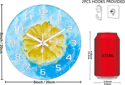 Lemon , 8 Inch Silent Non-Ticking Battery Operated Clock | Large Number Analog Glass Wall Clocks Lemon Decorations for Kitchen Living Room Bedroom Summer-Themed Spaces