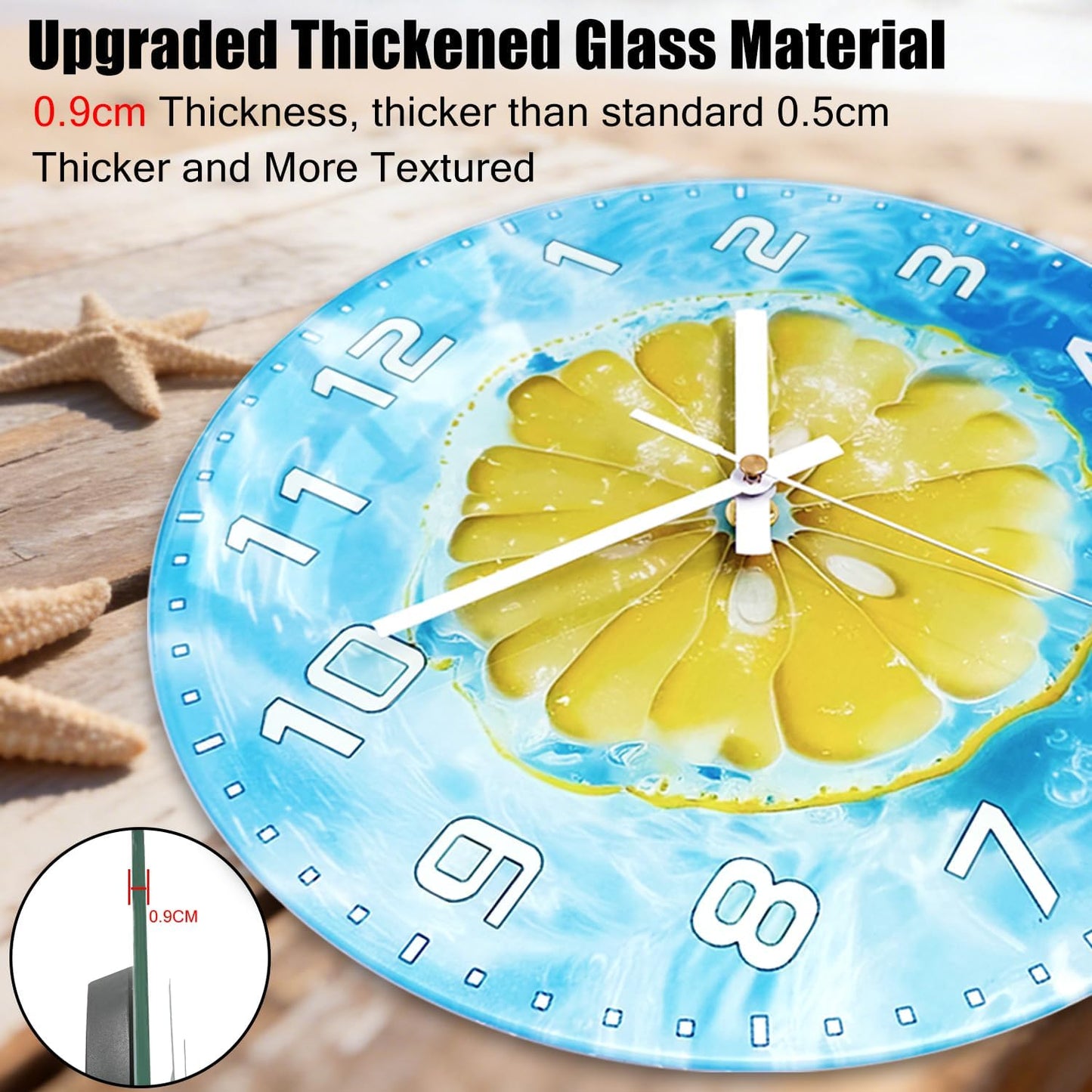 Lemon , 8 Inch Silent Non-Ticking Battery Operated Clock | Large Number Analog Glass Wall Clocks Lemon Decorations for Kitchen Living Room Bedroom Summer-Themed Spaces