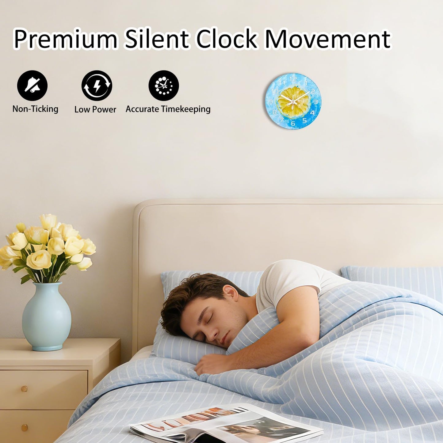 Lemon , 8 Inch Silent Non-Ticking Battery Operated Clock | Large Number Analog Glass Wall Clocks Lemon Decorations for Kitchen Living Room Bedroom Summer-Themed Spaces