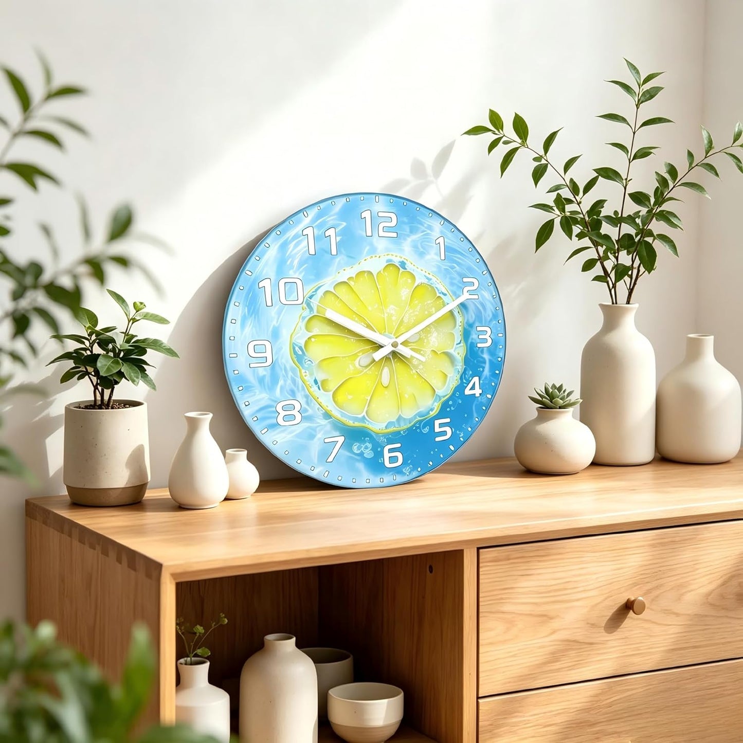 Lemon , 8 Inch Silent Non-Ticking Battery Operated Clock | Large Number Analog Glass Wall Clocks Lemon Decorations for Kitchen Living Room Bedroom Summer-Themed Spaces