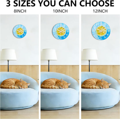 Lemon , 8 Inch Silent Non-Ticking Battery Operated Clock | Large Number Analog Glass Wall Clocks Lemon Decorations for Kitchen Living Room Bedroom Summer-Themed Spaces