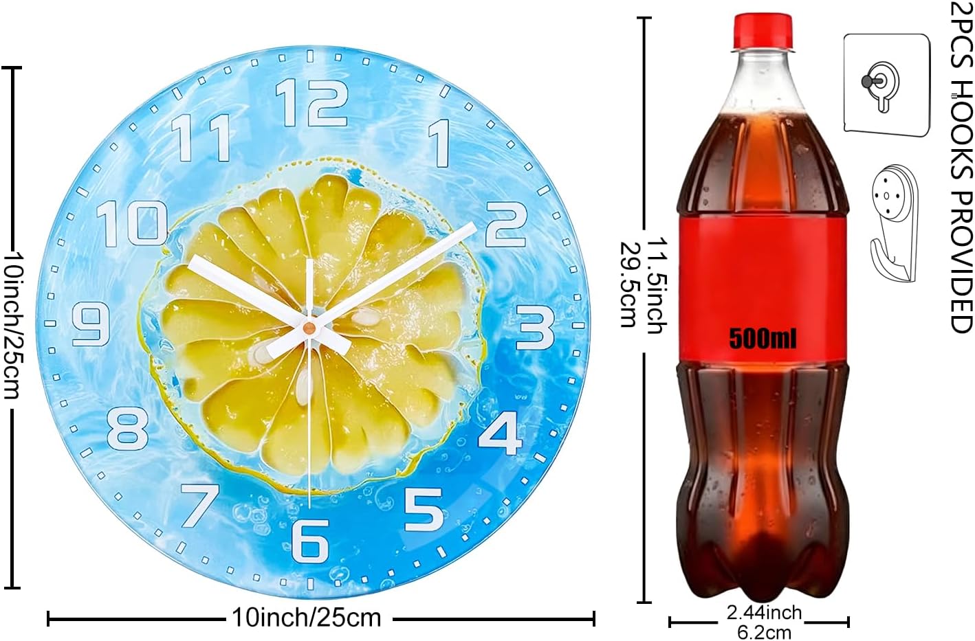Lemon , 8 Inch Silent Non-Ticking Battery Operated Clock | Large Number Analog Glass Wall Clocks Lemon Decorations for Kitchen Living Room Bedroom Summer-Themed Spaces