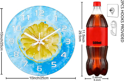 Lemon , 8 Inch Silent Non-Ticking Battery Operated Clock | Large Number Analog Glass Wall Clocks Lemon Decorations for Kitchen Living Room Bedroom Summer-Themed Spaces