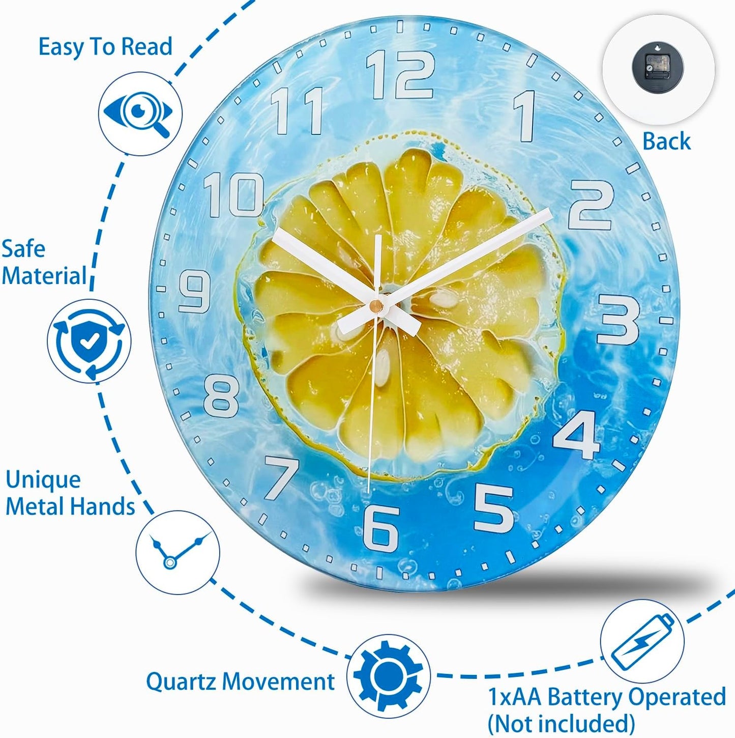 Lemon , 8 Inch Silent Non-Ticking Battery Operated Clock | Large Number Analog Glass Wall Clocks Lemon Decorations for Kitchen Living Room Bedroom Summer-Themed Spaces
