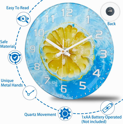 Lemon , 8 Inch Silent Non-Ticking Battery Operated Clock | Large Number Analog Glass Wall Clocks Lemon Decorations for Kitchen Living Room Bedroom Summer-Themed Spaces