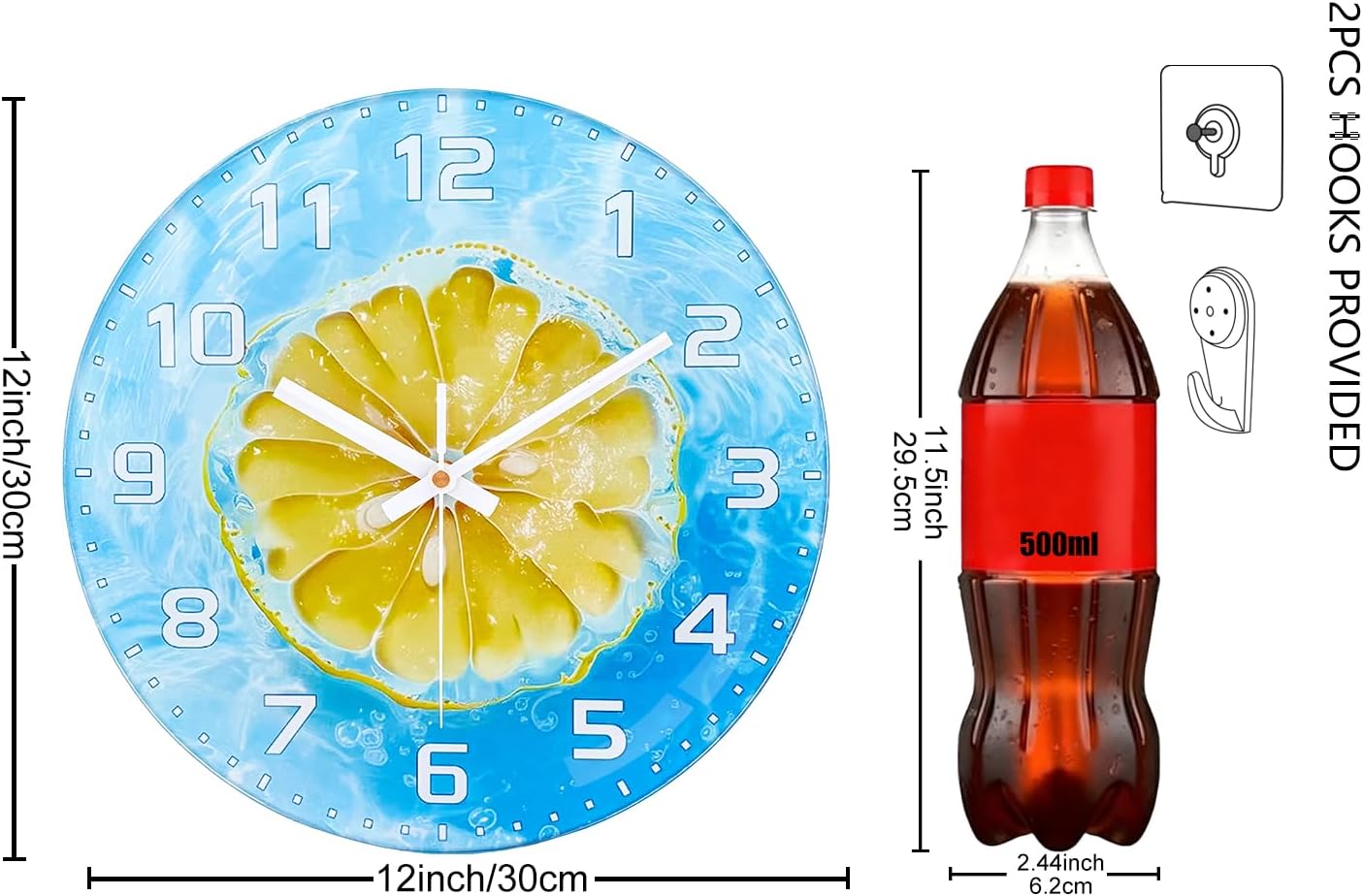 Lemon , 8 Inch Silent Non-Ticking Battery Operated Clock | Large Number Analog Glass Wall Clocks Lemon Decorations for Kitchen Living Room Bedroom Summer-Themed Spaces