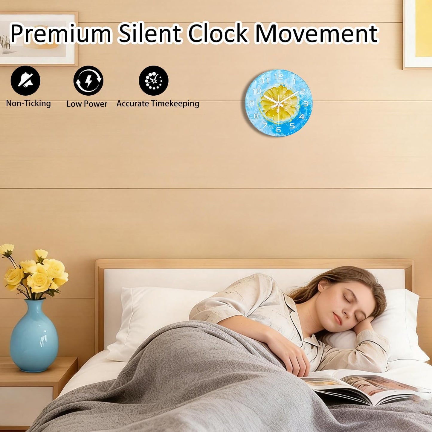 Lemon , 8 Inch Silent Non-Ticking Battery Operated Clock | Large Number Analog Glass Wall Clocks Lemon Decorations for Kitchen Living Room Bedroom Summer-Themed Spaces