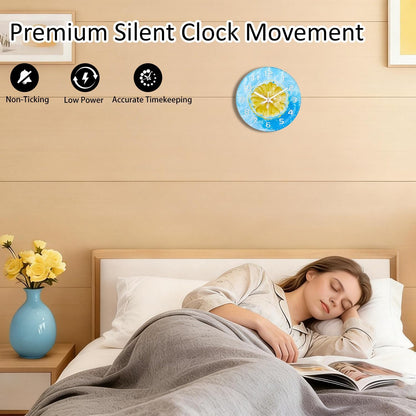 Lemon , 8 Inch Silent Non-Ticking Battery Operated Clock | Large Number Analog Glass Wall Clocks Lemon Decorations for Kitchen Living Room Bedroom Summer-Themed Spaces