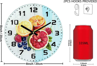Lemon , 8 Inch Silent Non-Ticking Battery Operated Clock | Large Number Analog Glass Wall Clocks Lemon Decorations for Kitchen Living Room Bedroom Summer-Themed Spaces