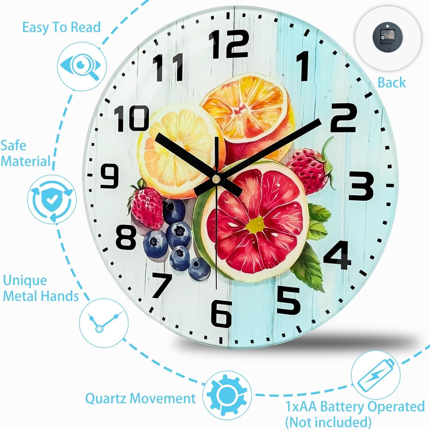 Lemon , 8 Inch Silent Non-Ticking Battery Operated Clock | Large Number Analog Glass Wall Clocks Lemon Decorations for Kitchen Living Room Bedroom Summer-Themed Spaces