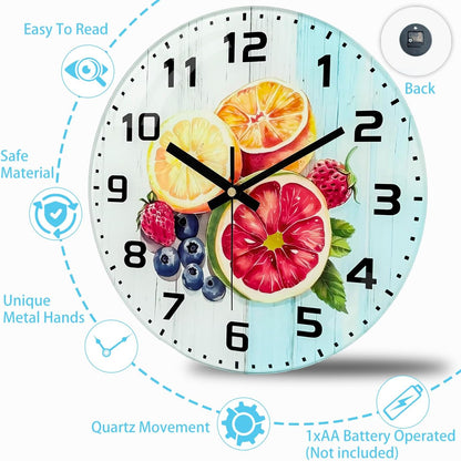 Lemon , 8 Inch Silent Non-Ticking Battery Operated Clock | Large Number Analog Glass Wall Clocks Lemon Decorations for Kitchen Living Room Bedroom Summer-Themed Spaces