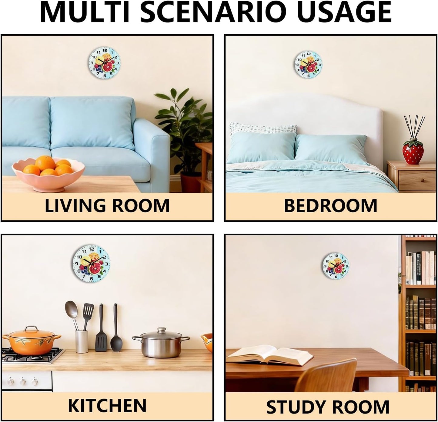 Lemon , 8 Inch Silent Non-Ticking Battery Operated Clock | Large Number Analog Glass Wall Clocks Lemon Decorations for Kitchen Living Room Bedroom Summer-Themed Spaces