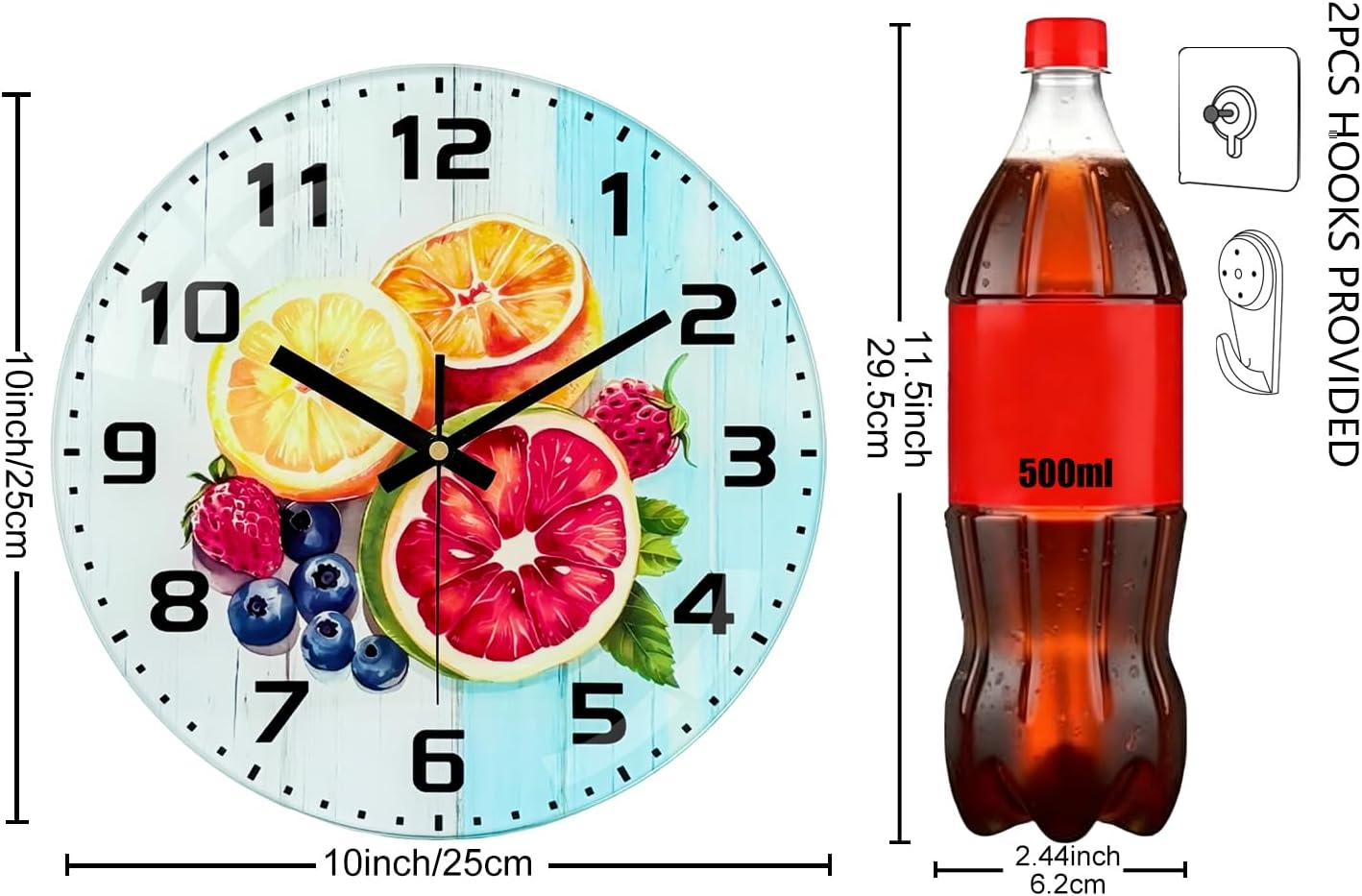 Lemon , 8 Inch Silent Non-Ticking Battery Operated Clock | Large Number Analog Glass Wall Clocks Lemon Decorations for Kitchen Living Room Bedroom Summer-Themed Spaces