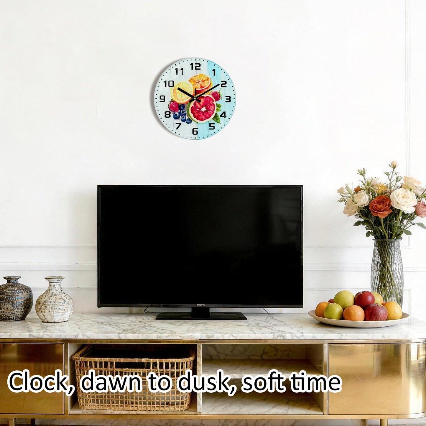 Lemon , 8 Inch Silent Non-Ticking Battery Operated Clock | Large Number Analog Glass Wall Clocks Lemon Decorations for Kitchen Living Room Bedroom Summer-Themed Spaces