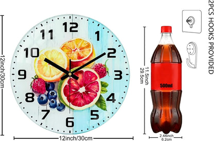 Lemon , 8 Inch Silent Non-Ticking Battery Operated Clock | Large Number Analog Glass Wall Clocks Lemon Decorations for Kitchen Living Room Bedroom Summer-Themed Spaces