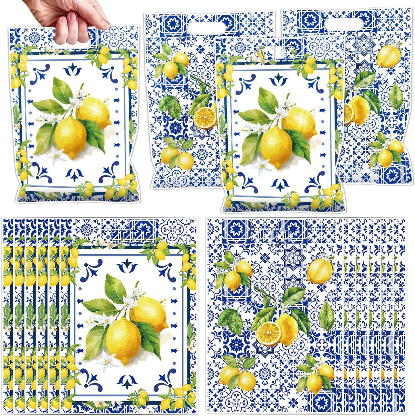 Capri Lemon Party Favor Bags - 50 Pcs Amalfi Coast Blue Tiles Yellow Lemon Goodie Candy Treat Gift Bags Summer Fruit Themed Party Favors for Birthday Baby Shower Wedding
