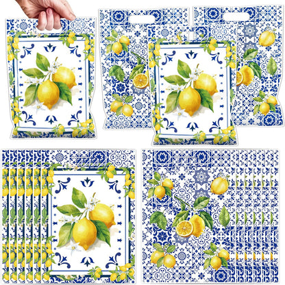 Capri Lemon Party Favor Bags - 50 Pcs Amalfi Coast Blue Tiles Yellow Lemon Goodie Candy Treat Gift Bags Summer Fruit Themed Party Favors for Birthday Baby Shower Wedding
