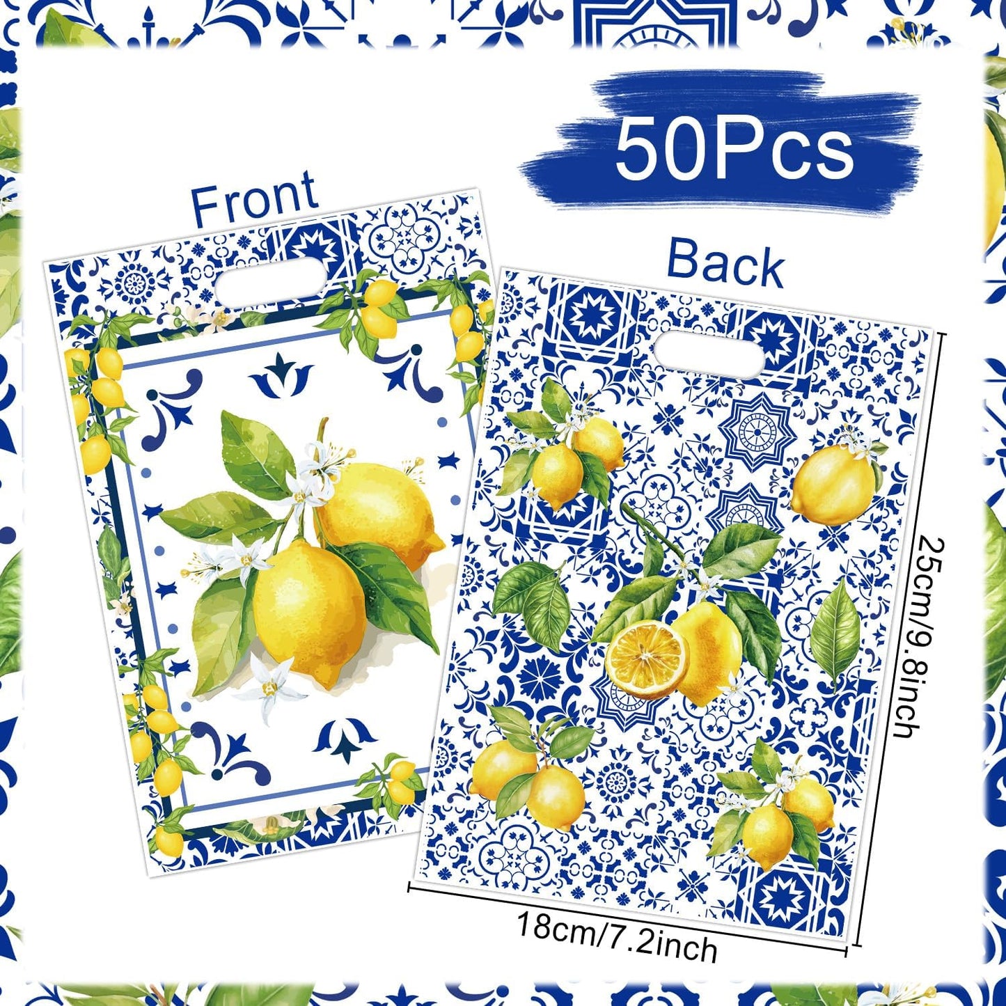 Capri Lemon Party Favor Bags - 50 Pcs Amalfi Coast Blue Tiles Yellow Lemon Goodie Candy Treat Gift Bags Summer Fruit Themed Party Favors for Birthday Baby Shower Wedding