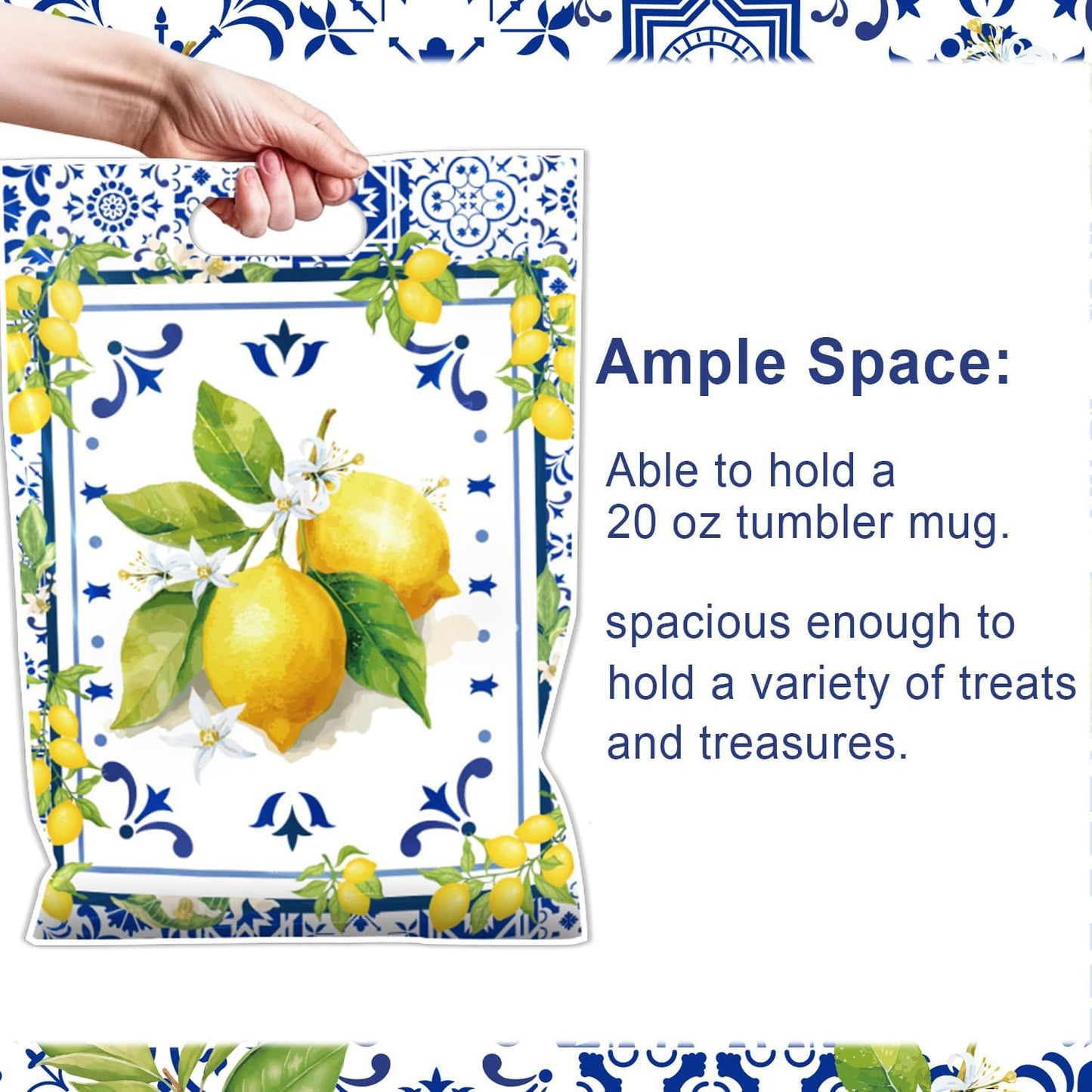 Capri Lemon Party Favor Bags - 50 Pcs Amalfi Coast Blue Tiles Yellow Lemon Goodie Candy Treat Gift Bags Summer Fruit Themed Party Favors for Birthday Baby Shower Wedding