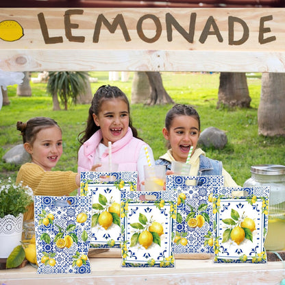 Capri Lemon Party Favor Bags - 50 Pcs Amalfi Coast Blue Tiles Yellow Lemon Goodie Candy Treat Gift Bags Summer Fruit Themed Party Favors for Birthday Baby Shower Wedding