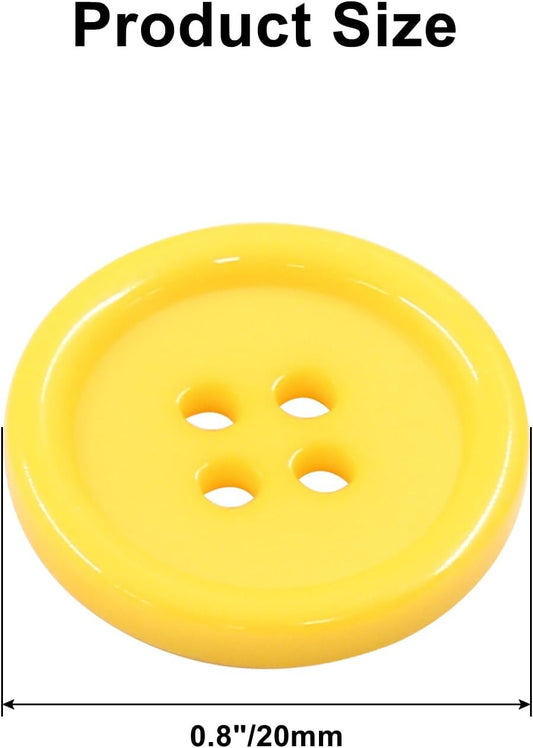50 PCS Yellow 20mm Round Buttons | 4-Hole, Flatback, Plastic Resin, For DIY Sewing Clothing Crafts