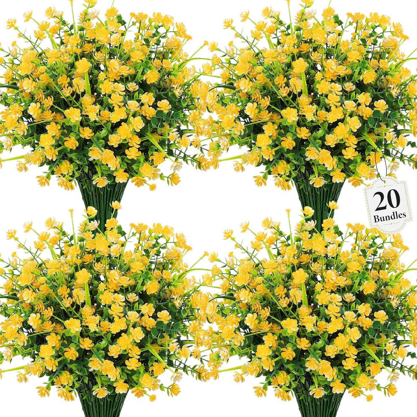 20 Bundles Artificial Plastic Flowers for Outdoors, Yellow | Plastic fake plants, realistic shrub, UV resistant, adjustable stems, porch yard patio planter window box home decor