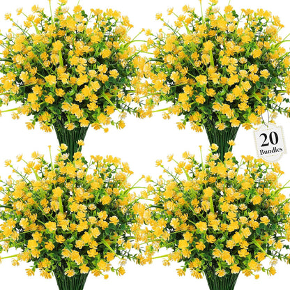 20 Bundles Artificial Plastic Flowers for Outdoors, Yellow | Plastic fake plants, realistic shrub, UV resistant, adjustable stems, porch yard patio planter window box home decor