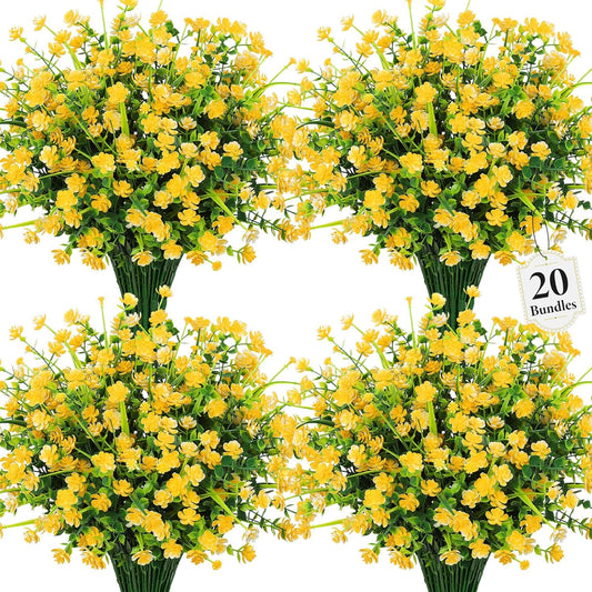 20 Bundles Artificial Plastic Flowers for Outdoors, Yellow | Plastic fake plants, realistic shrub, UV resistant, adjustable stems, porch yard patio planter window box home decor