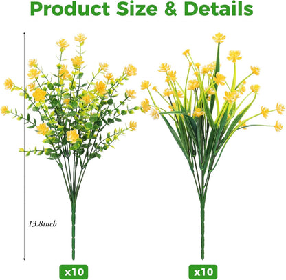 20 Bundles Artificial Plastic Flowers for Outdoors, Yellow | Plastic fake plants, realistic shrub, UV resistant, adjustable stems, porch yard patio planter window box home decor