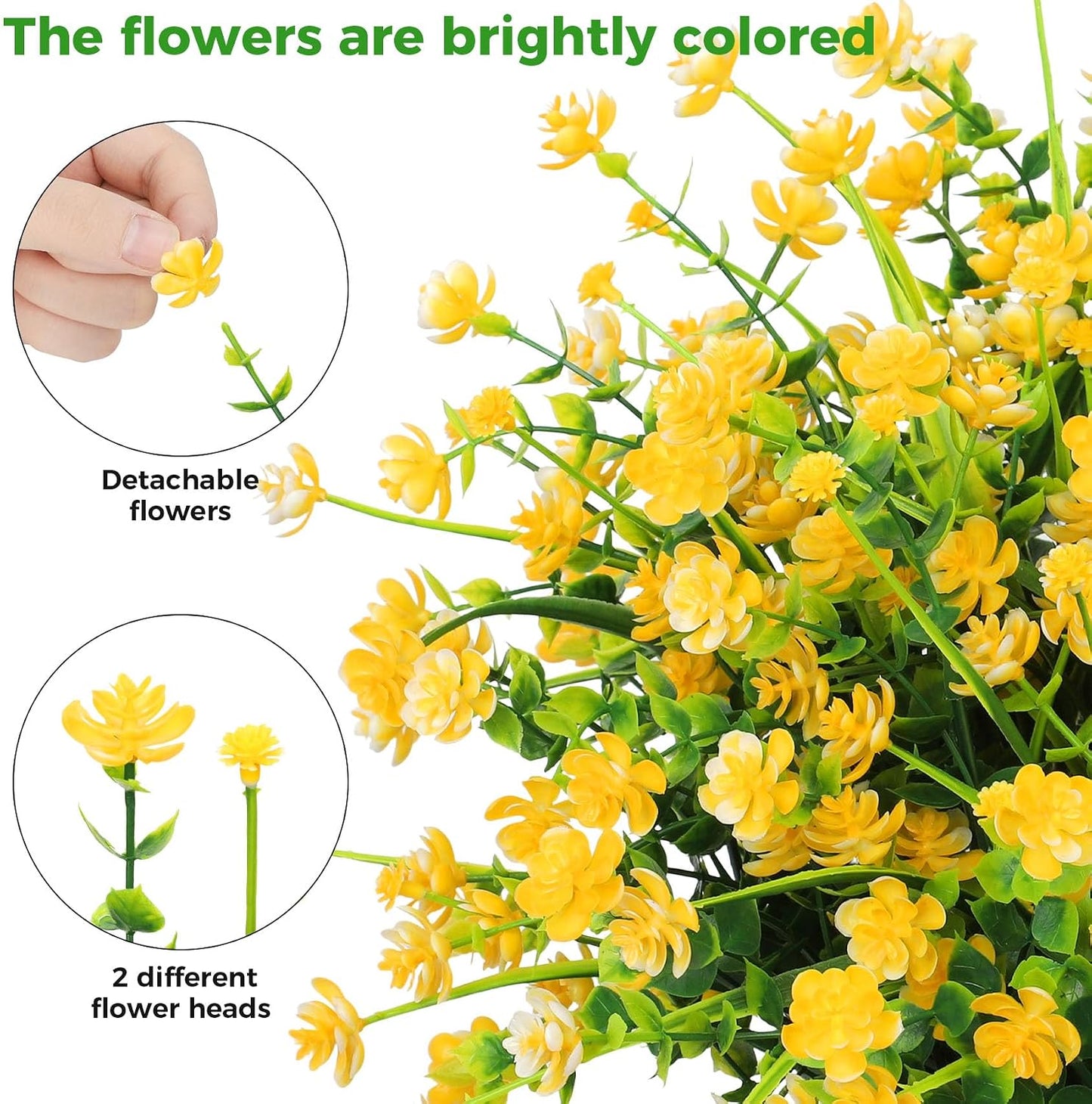 20 Bundles Artificial Plastic Flowers for Outdoors, Yellow | Plastic fake plants, realistic shrub, UV resistant, adjustable stems, porch yard patio planter window box home decor