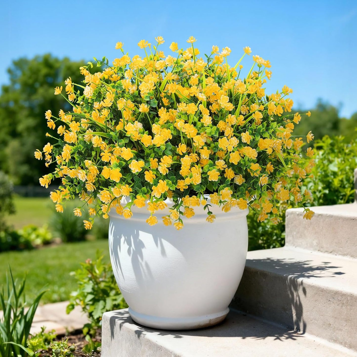 20 Bundles Artificial Plastic Flowers for Outdoors, Yellow | Plastic fake plants, realistic shrub, UV resistant, adjustable stems, porch yard patio planter window box home decor