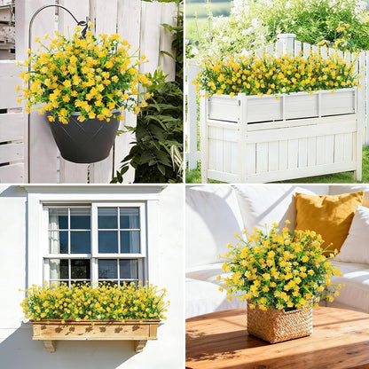 20 Bundles Artificial Plastic Flowers for Outdoors, Yellow | Plastic fake plants, realistic shrub, UV resistant, adjustable stems, porch yard patio planter window box home decor