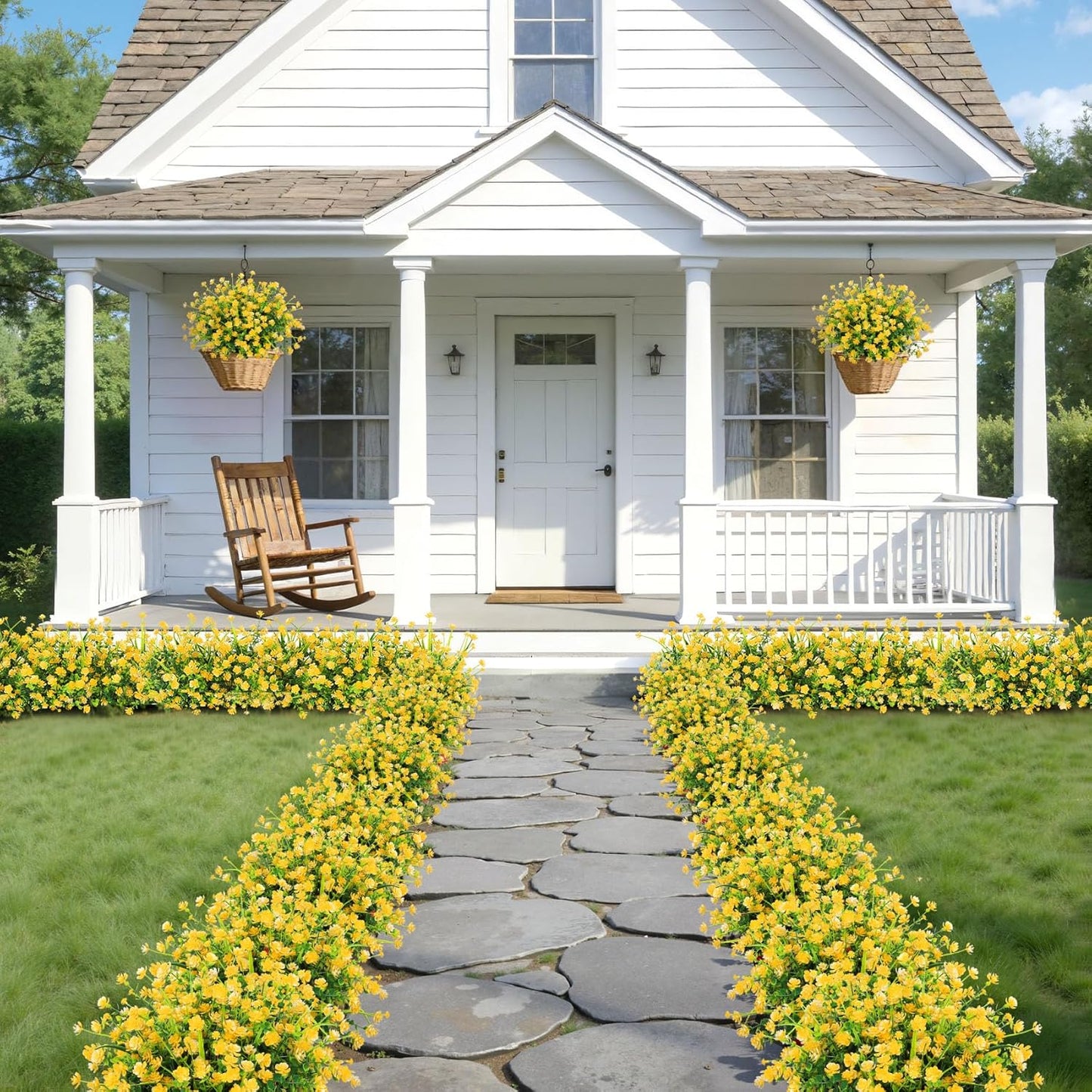 20 Bundles Artificial Plastic Flowers for Outdoors, Yellow | Plastic fake plants, realistic shrub, UV resistant, adjustable stems, porch yard patio planter window box home decor
