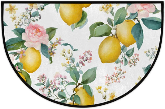 Yellow Lemons Floral Half Round Door Mat Non Slip Absorbent Semi Circle Area Rugs Washable Half Moon Floor Mats for Indoor Patio Kitchen Bathroom Entryway Fireplace Home Carpet Decor
