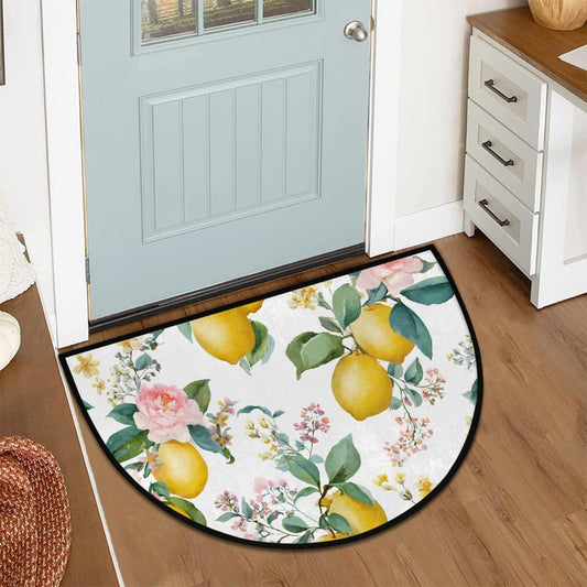Yellow Lemons Floral Half Round Door Mat Non Slip Absorbent Semi Circle Area Rugs Washable Half Moon Floor Mats for Indoor Patio Kitchen Bathroom Entryway Fireplace Home Carpet Decor