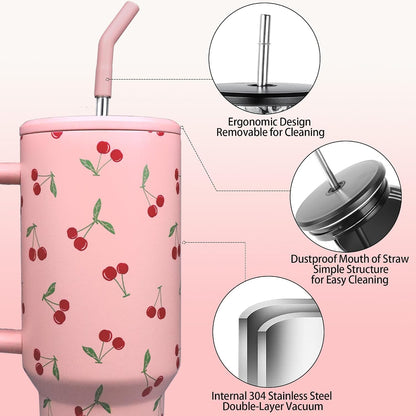 Lemon Tumbler with Straw and Lid Vacuum Insulated 40oz Stainless Steel Cup Gifts for Women Birthday Present Lemon Water Bottle Coffee Cup for Home or Travel