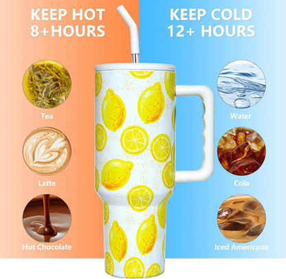 Lemon Tumbler with Straw and Lid Vacuum Insulated 40oz Stainless Steel Cup Gifts for Women Birthday Present Lemon Water Bottle Coffee Cup for Home or Travel