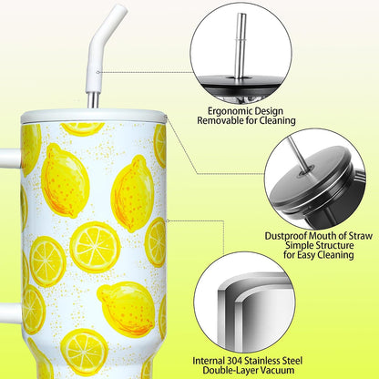 Lemon Tumbler with Straw and Lid Vacuum Insulated 40oz Stainless Steel Cup Gifts for Women Birthday Present Lemon Water Bottle Coffee Cup for Home or Travel