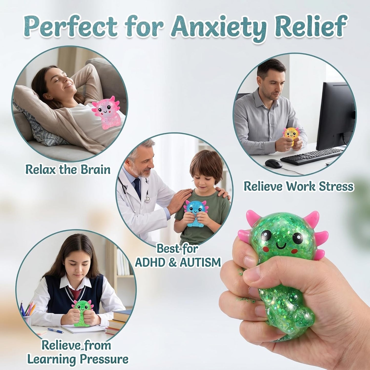 Axolotl Squishy Stress Relief Toy - Giltter Slow Rising Fidget Toy, Cute Sensory Toy, Moldable Soft Squeeze Toys for Adult, Kids, Party Favors Anxiety Relief Squishy Toy(Yellow)