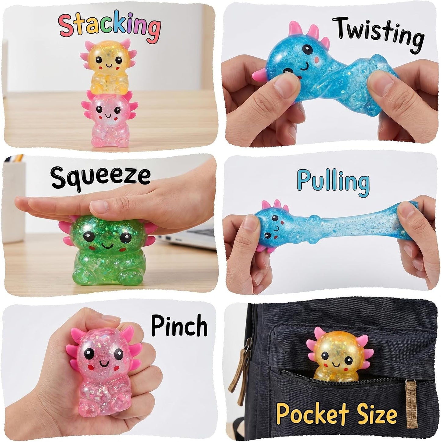 Axolotl Squishy Stress Relief Toy - Giltter Slow Rising Fidget Toy, Cute Sensory Toy, Moldable Soft Squeeze Toys for Adult, Kids, Party Favors Anxiety Relief Squishy Toy(Yellow)
