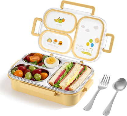 Stainless Steel Lunch Box for Kids & Adults, 3-Compartment Leak Proof Metal Bento Lunch Box with Fork & Spoon, 26.4 oz Airtight Food Storage Snack Container for School, Work, Travel (Yellow)