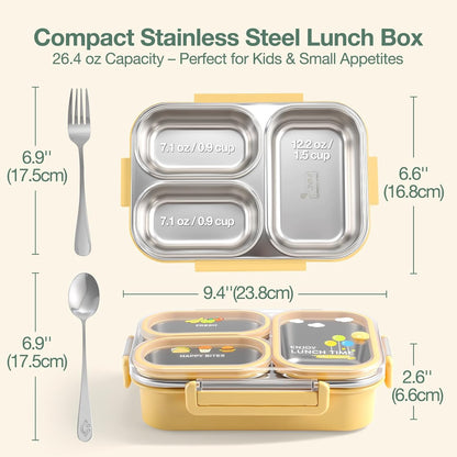 Stainless Steel Lunch Box for Kids & Adults, 3-Compartment Leak Proof Metal Bento Lunch Box with Fork & Spoon, 26.4 oz Airtight Food Storage Snack Container for School, Work, Travel (Yellow)