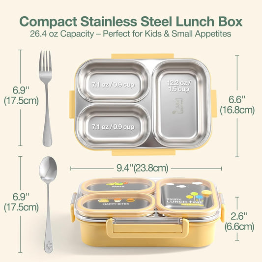 Stainless Steel Lunch Box for Kids & Adults, 3-Compartment Leak Proof Metal Bento Lunch Box with Fork & Spoon, 26.4 oz Airtight Food Storage Snack Container for School, Work, Travel (Yellow)