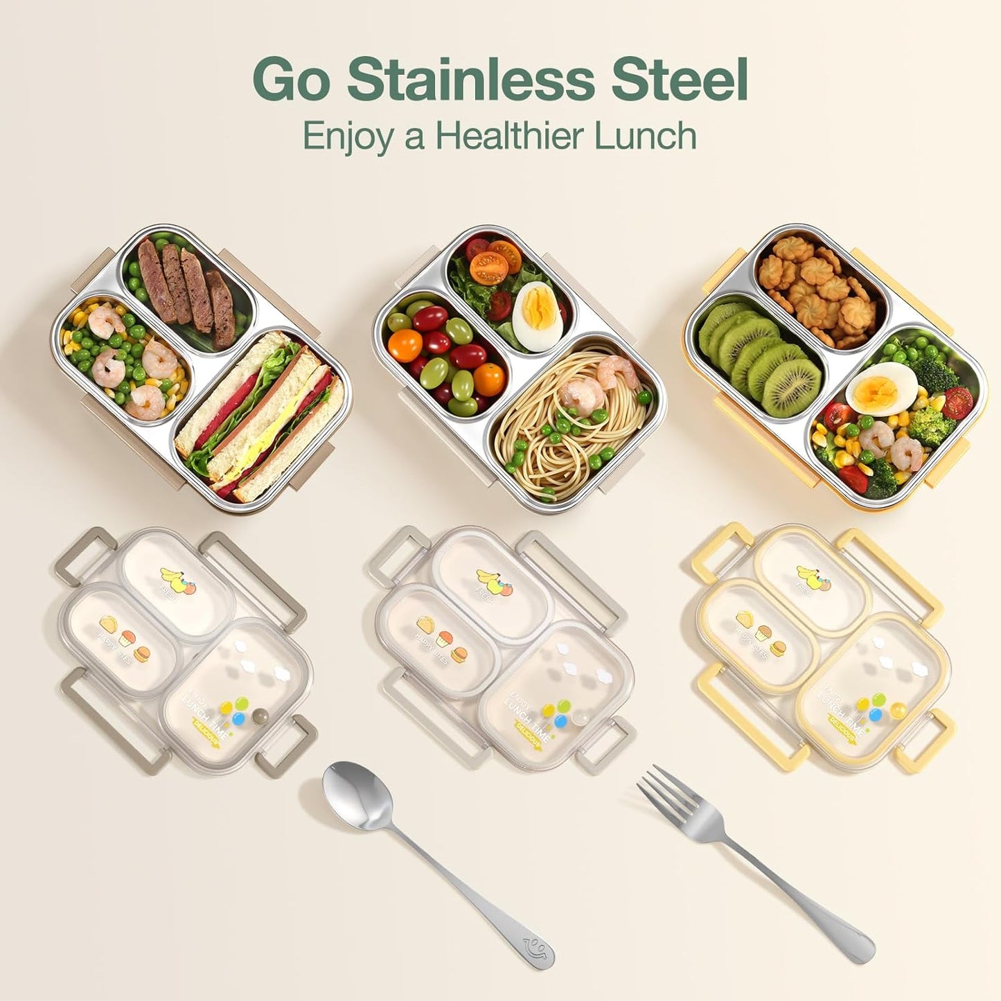 Stainless Steel Lunch Box for Kids & Adults, 3-Compartment Leak Proof Metal Bento Lunch Box with Fork & Spoon, 26.4 oz Airtight Food Storage Snack Container for School, Work, Travel (Yellow)