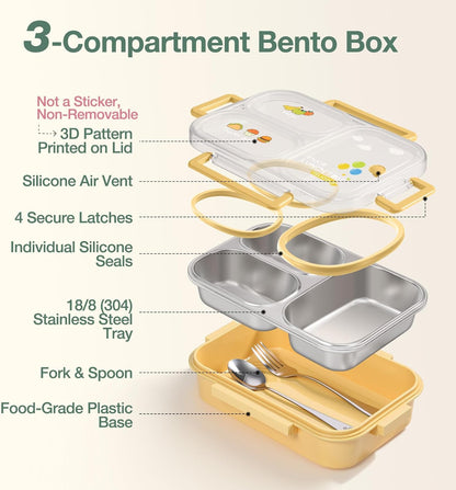 Stainless Steel Lunch Box for Kids & Adults, 3-Compartment Leak Proof Metal Bento Lunch Box with Fork & Spoon, 26.4 oz Airtight Food Storage Snack Container for School, Work, Travel (Yellow)