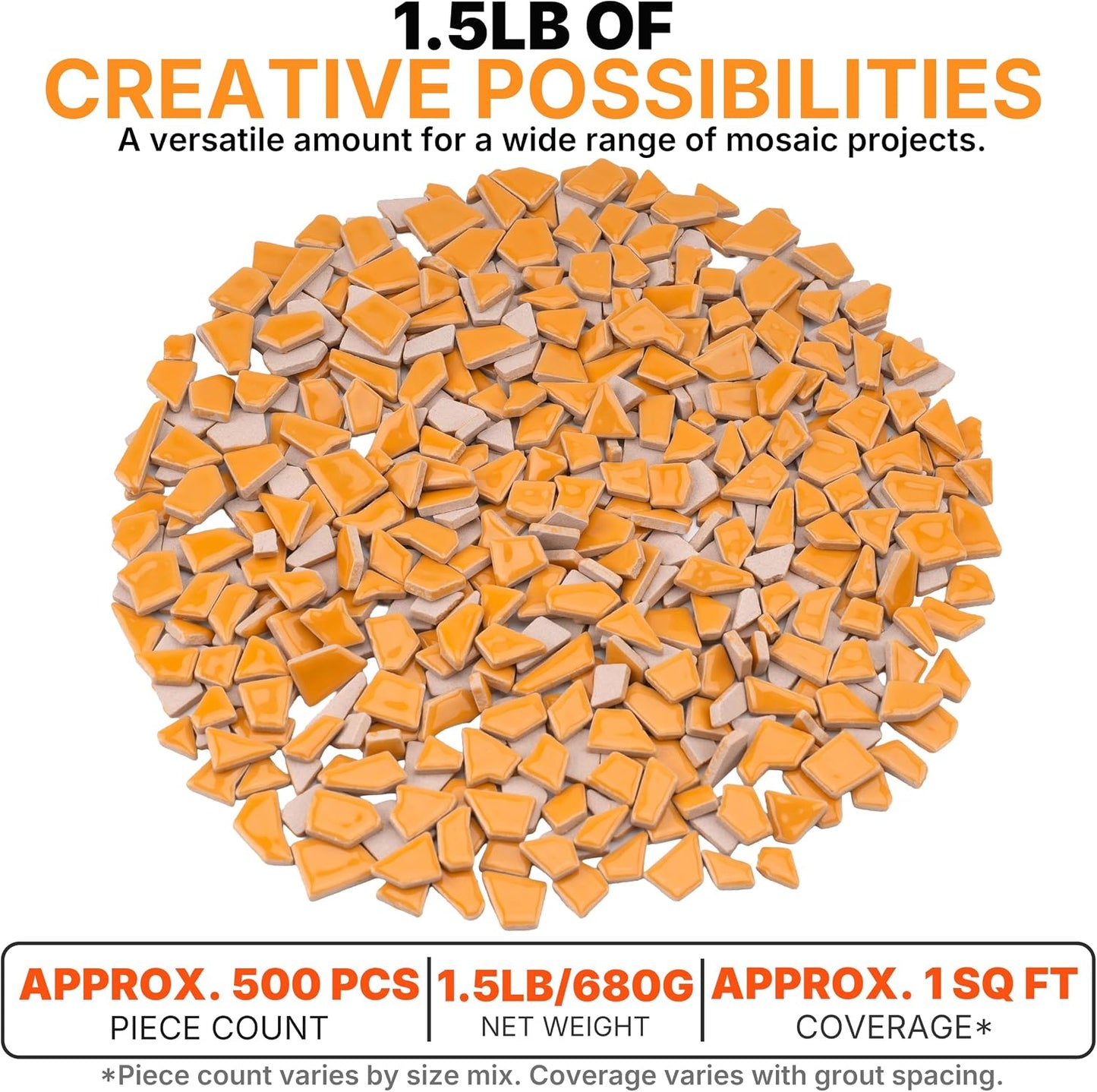 1.5LB Irregular Ceramic Mosaic Tiles for Crafts, Canary Yellow | Mixed Sizes • Easy to Arrange • Smooth Glazed Surface • Approx. 500 Pieces