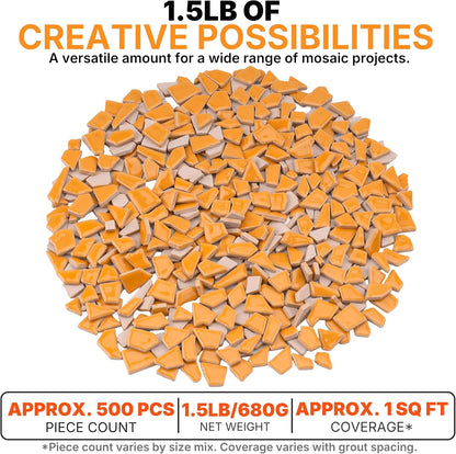 1.5LB Irregular Ceramic Mosaic Tiles for Crafts, Canary Yellow | Mixed Sizes • Easy to Arrange • Smooth Glazed Surface • Approx. 500 Pieces