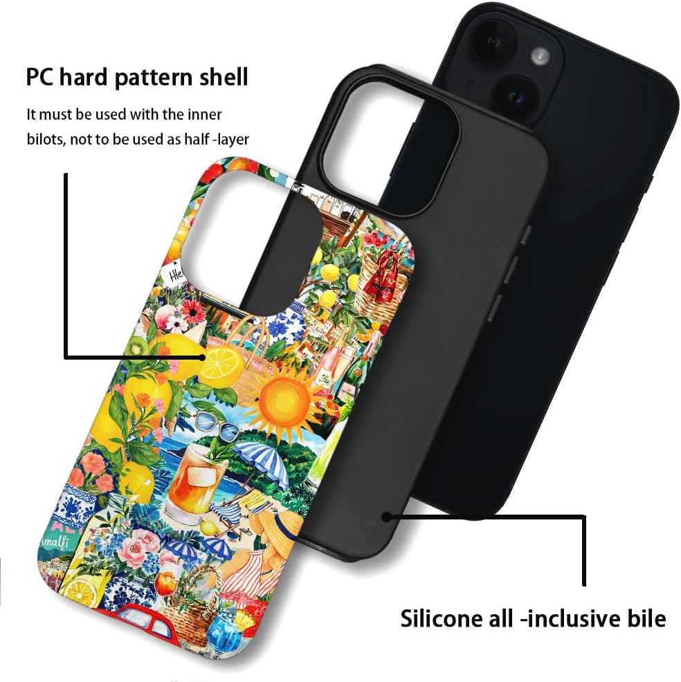 Case for iPhone 14 Plus,Lemon Summer Collage Phone Case Slim Silicone Shockproof Cover for Girls Women（Frosted & Durable）