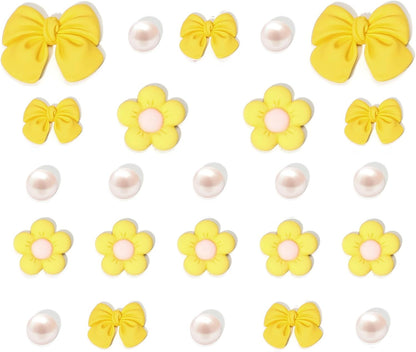Resin Pink Bow Shoe Charms for Girls, 24Pcs Cute Flower Shoe Charms, DIY Pearl Shoe Decoration Charms for Women,Party Favor