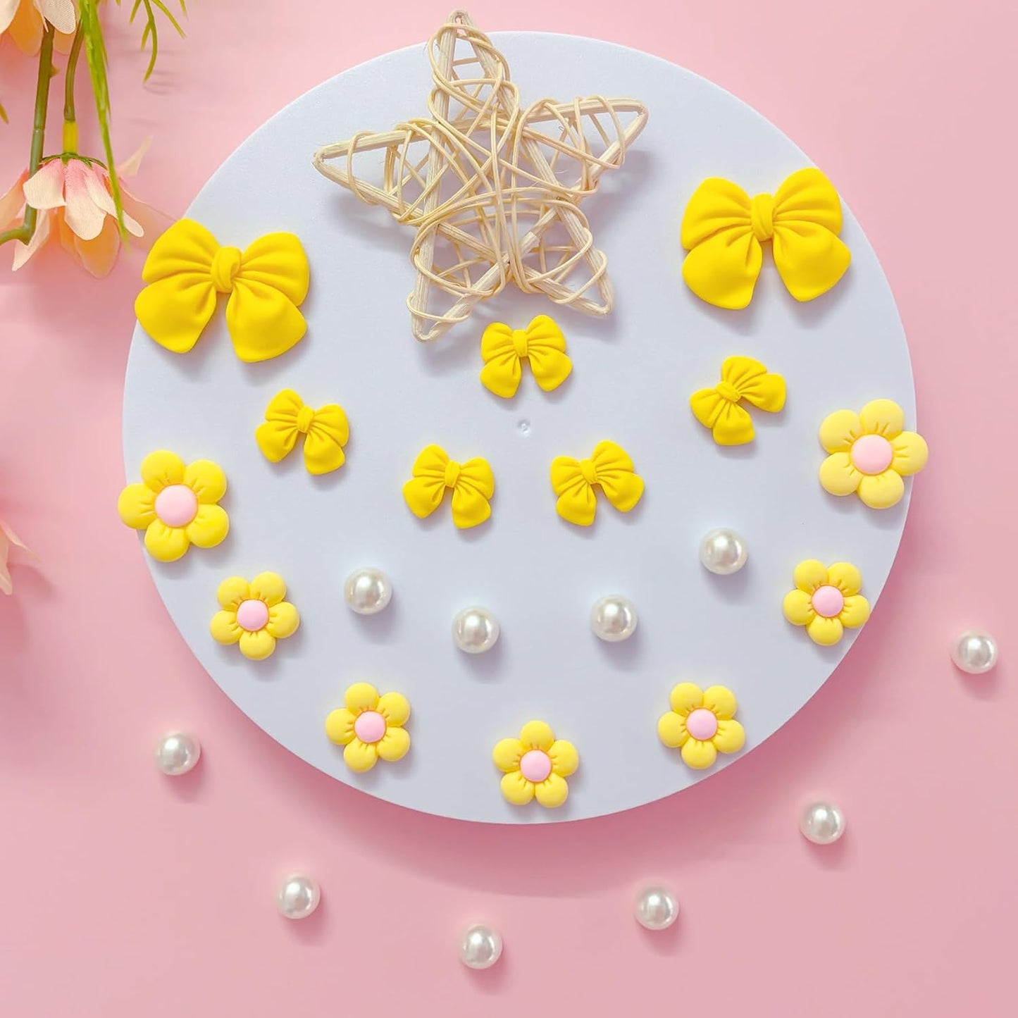Resin Pink Bow Shoe Charms for Girls, 24Pcs Cute Flower Shoe Charms, DIY Pearl Shoe Decoration Charms for Women,Party Favor